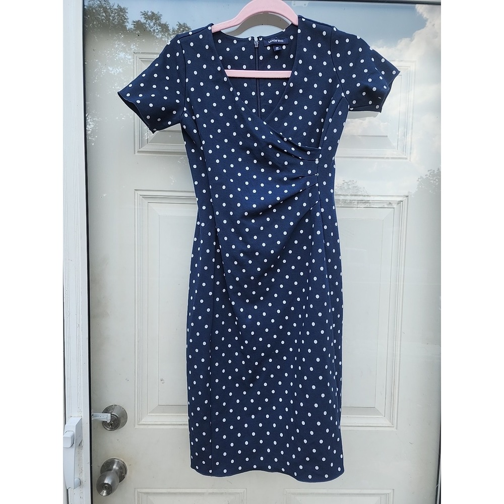 Lands End Womens Polka Dot Wrap Dress Navy Knee length Modest Sz 0P Classic